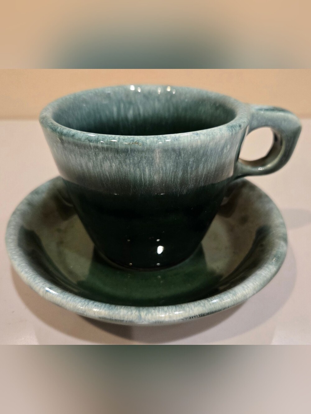 Vintage Hull Pottery Green Drip Coffee Or Tea Cup And Saucer